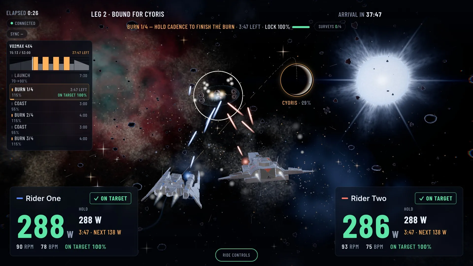 Two riders on a burn firing at a raider inside a lock ring, next to a blue supergiant. Both rider cards read ON TARGET.